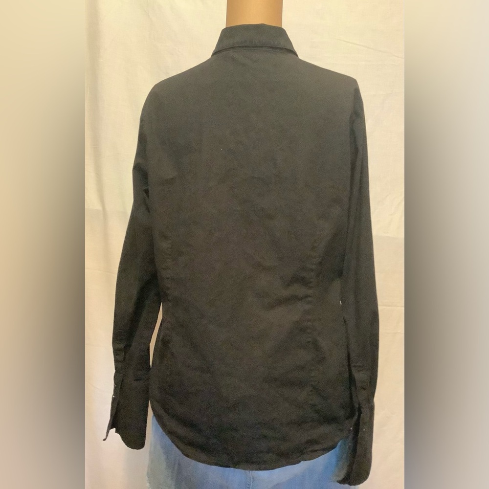 Women's Large Black Button-Up Shirt with Red Polka Dot Collar Accent - Picture 5 of 12